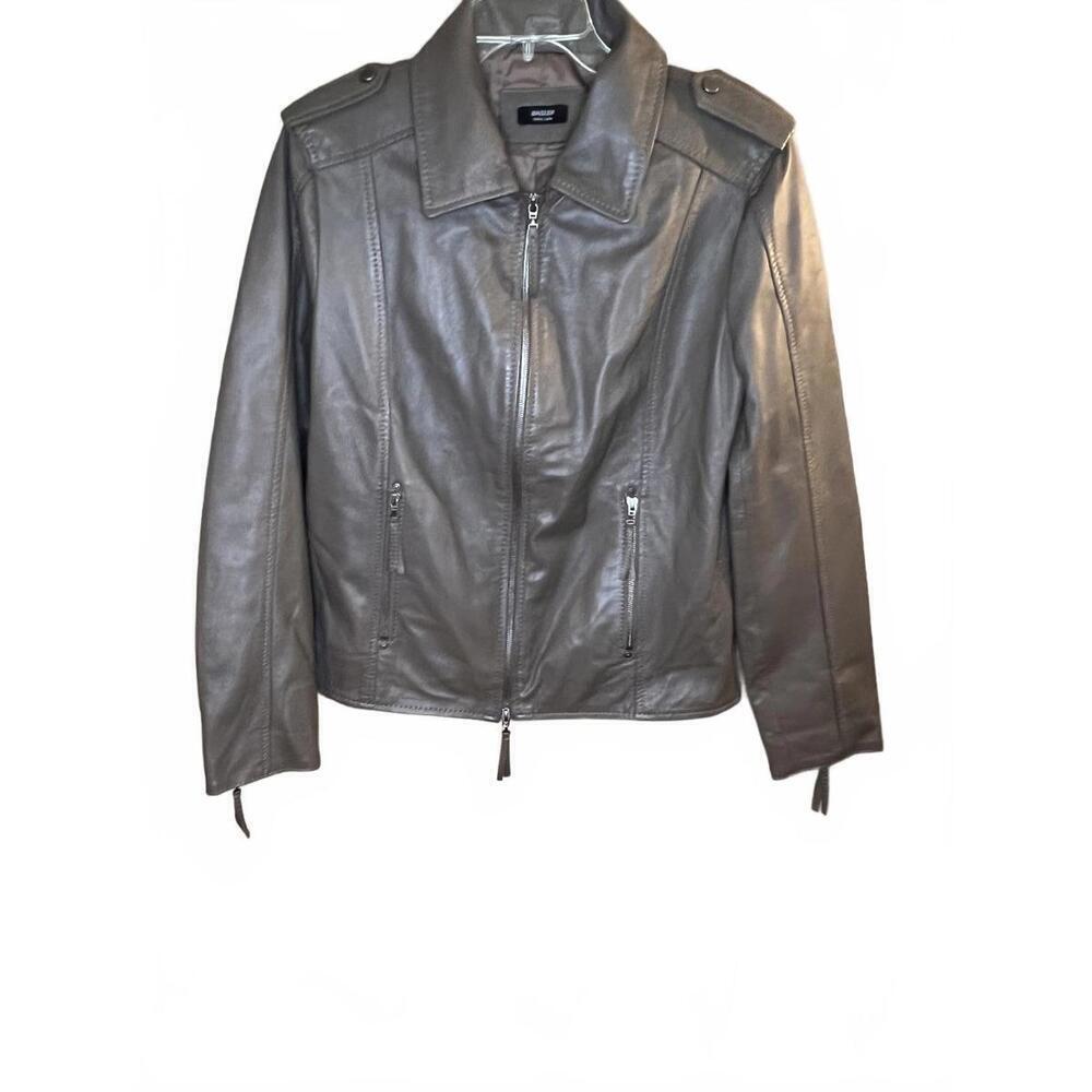 B/A/S/L/E/R Black Label Women's Taupe Leather Moto Jacket Luxury Size 12